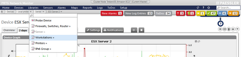 PRTG's Cluster Info, Main Menu, Breadcrumbs, and Global Status Bar